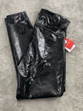 Spanx Faux Patent Leather Leggings Womens Large Petite Shiny Liquid Pants Black